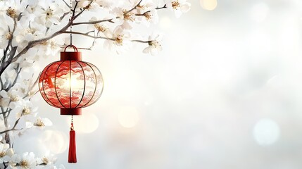 Fototapeta premium Watercolor, Chinese New Year brings joy to the community, celebrating heritage with dragons and fireworks. Red Lantern Hanging on Blossom Tree with Soft Bokeh Light