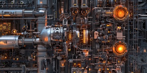 An abstract representation of industrial development, focusing on the connection between various machinery and the digital system that drives efficiency in production.