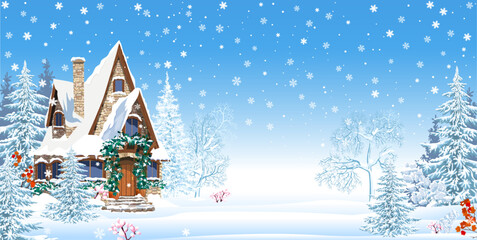 House in the winter forest, Christmas night. Snowy house decorated for Christmas Winter night. Winter garden, snowy estate. Snowflakes