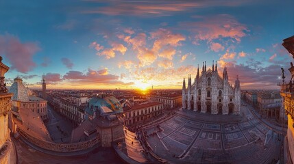 Panoramic sunrise view of Duomo di Milano and city skyline.