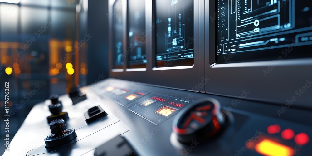 Poster a control panel with multiple integrated systems in an industrial facility, showing the advanced aut