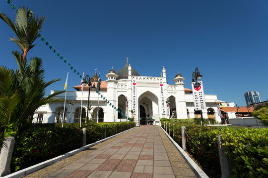 Penang, Malaysia - January 6, 2016: Exterior view of The Kapitan Keling Mosque a mosque built in the 19th century by Indian Muslim traders in Georgetown, Penang, Malaysia.