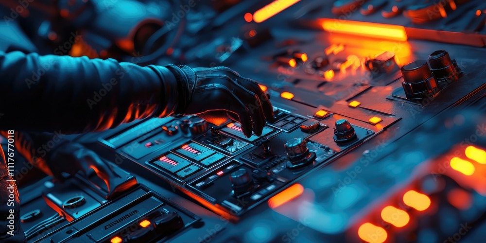 Poster An industrial worker adjusting control panels for automated machines. Bright lights and complex gears are visible in the background.