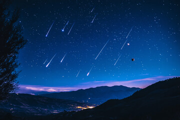 Fototapeta premium spectacular meteor shower illuminating the deep blue night sky over distant mountain peaks with bright shooting stars creating a celestial view 