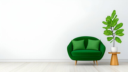 A modern green couch with matching cushions beside a potted plant on a wooden side table, set against a minimalist white wall.