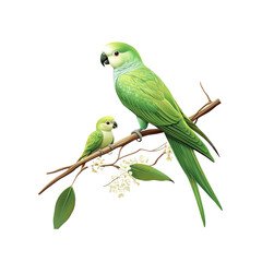 Fototapeta premium Green Parakeets on Blooming Branch - Illustrated Avian Duo
