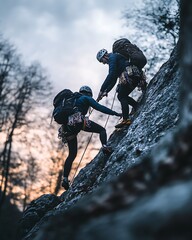 Team of climbers scaling rugged rock face at dawn in a picturesque mountain setting : Generative AI