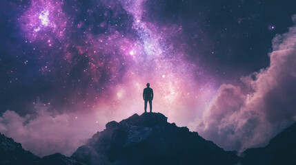 Fototapeta premium Silhouette of a person standing on a mountain peak, gazing at a vibrant, colorful galaxy in the night sky, symbolizing wonder and exploration in nature.