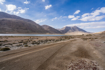 Scenic mountain landscape view of high altitude Khargush Pass in summer, Gorno-Badakhshan, Tajikistan Pamir