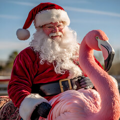 Santa rides a flamingo. Happy Christmas and New Year holidays.