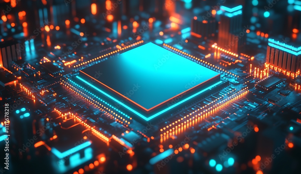 Poster futuristic glowing computer chip on a circuit board with neon lights technology background : generat