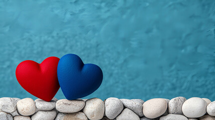 Obraz premium Two colorful hearts, one red and one blue, rest against a stone wall with a serene blue background, symbolizing love and connection.