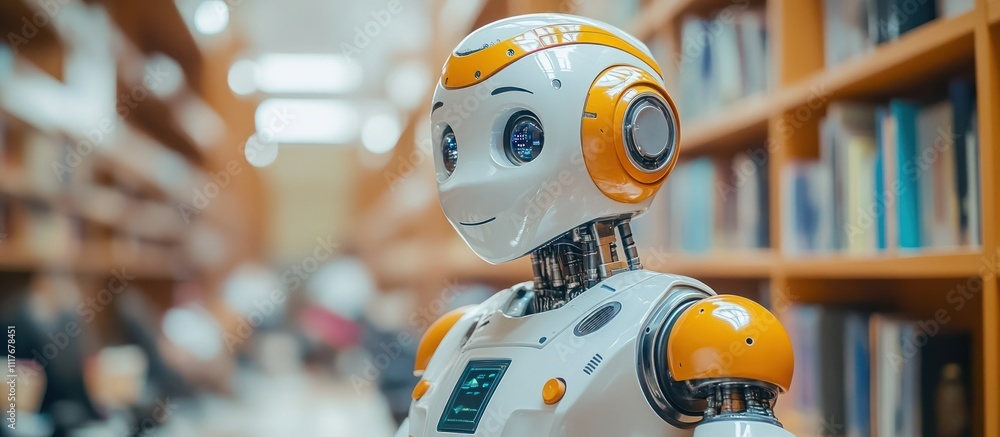 Poster friendly-looking humanoid robot with yellow and white features standing in a library with bookshelve