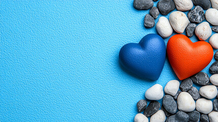 Obraz premium Two colorful hearts, one blue and one red, are placed among smooth pebbles on a vibrant blue background, symbolizing love and connection.