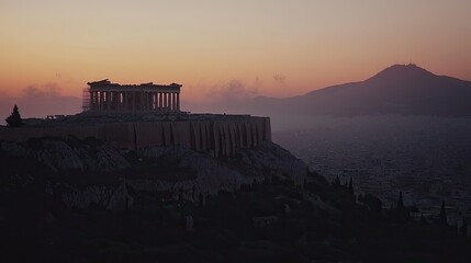 Parthenon at sunset, overlooking Athens and mountains.