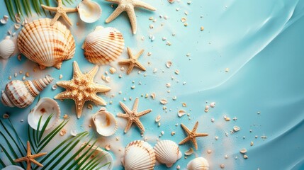 Collection of seashells and starfish arranged on a light blue background with tropical leaves and sand