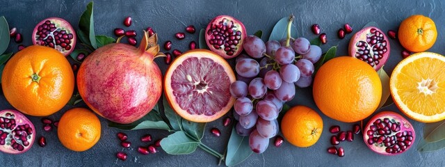 Vibrant display of fresh fruits arranged on a dark background showcasing oranges, pomegranates, and grapes