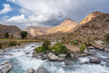 Overcast summer mountain landscape view in Marguzor seven lakes area aka Haft Kul, Shing river valley, Fann mountains, Sughd, Tajikistan	
