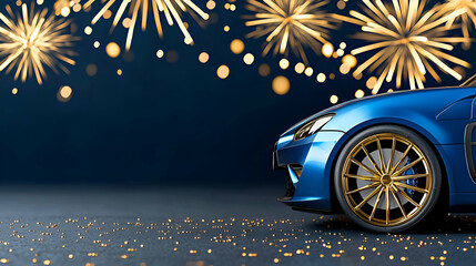 A sleek blue car with golden wheels sits amidst a backdrop of celebratory fireworks and shimmering confetti.