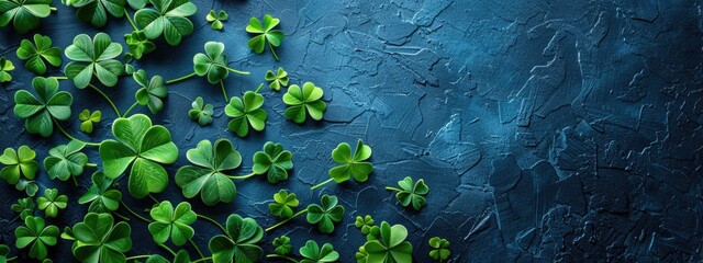 Lush green clover leaves arranged on a dark textured background for a vibrant natural decor