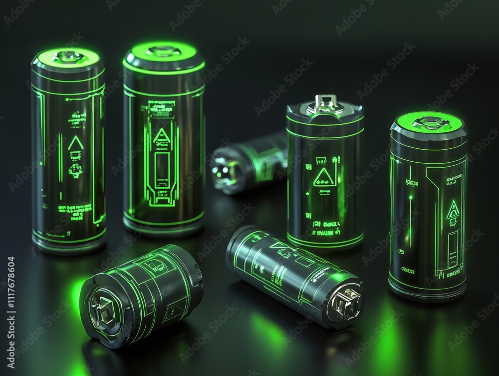 Aufkleber futuristic green high-energy batteries with digital hud interface design : generative ai