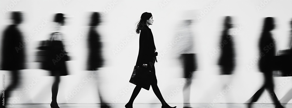 Poster dynamic urban scene with people in motion against white background : generative ai
