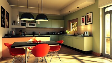 Modern kitchen with pastel green cabinets, orange island, red chairs, and sunlight streaming in.