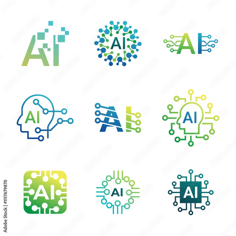 Poster set of artificial intelligence ai processor chip icon.