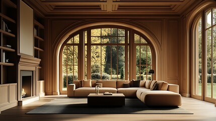Fototapeta premium Warm Inviting Interior Living Room with Large Arched Windows and Stunning View of Nature : Generative AI