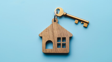 Key with wooden keychain in the shape of a house attached to a metal ring. Key with keychain on a blue background, top view. Copy space. Credit or insurance, buying a house, real estate concept