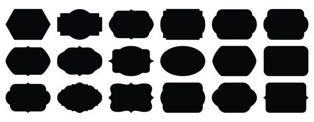 Black stickers, decorative frames. Set of graphic antique frames, collection of retro labels, royal wedding, sticker for sale or an invitation card. Isolated vector symbols. Simple line label set sale