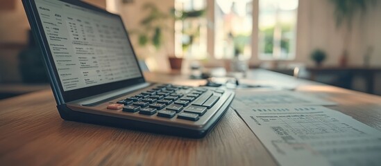 Obraz premium Close-up of a laptop and calculator on a wooden desk with paperwork spread out.