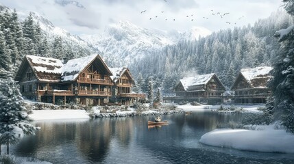 Obraz premium Idyllic snowy mountain village scene with wooden cabins beside a calm lake.