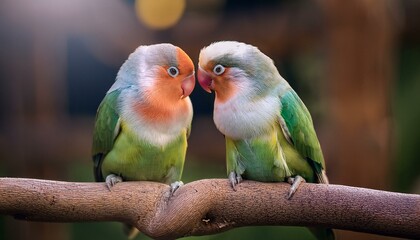Obraz premium Lovebirds Perched in Harmony: Two brightly colored lovebirds perched closely on a branch, their heads tilted to form a heart.