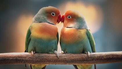 Obraz premium Lovebirds Perched in Harmony: Two brightly colored lovebirds perched closely on a branch, their heads tilted to form a heart.