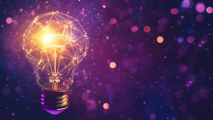 Illuminating Innovation: A radiant, luminous light bulb, the core concept of idea, bursts forth with brilliance against a backdrop of vibrant bokeh and swirling nebulae.