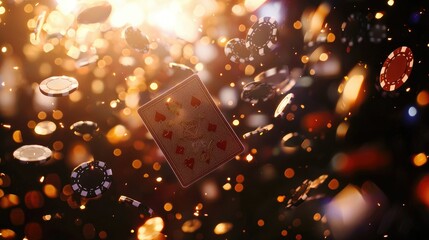 Sunlit playing cards and chips falling.