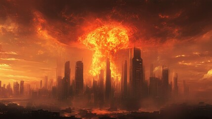 Post-apocalyptic cityscape with a nuclear explosion 