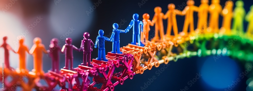 Poster colorful plastic figures symbolize connection and unity on an artistic bridge structure : generative