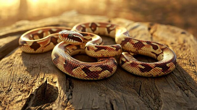 Beautiful boa constrictor resting on a weathered log during a golden sunset in a serene natural environment
