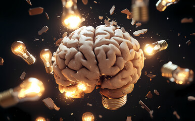 Brainstorm of Ideas: A captivating image showcasing the human brain, illuminated by scattered light bulbs, symbolizes the genesis of ideas and intellectual discovery.