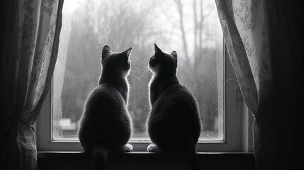 Two cats looking out of a window on windowsill