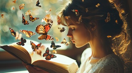 Woman reading book, butterflies fly.