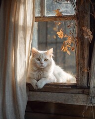 White fluffy cat by a rustic windowsill