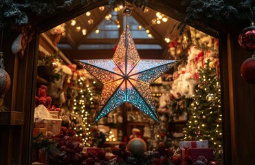 Fototapeta premium Iridescent Holographic Christmas Star in Outdoor Holiday Display with Decorations and Lights