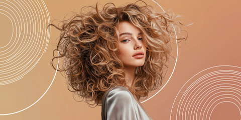 Elegantes Fashionmodel mit voluminösen Locken posiert stilvoll für Friseurfotografie, professionelles Haarstyling, glamouröses Beauty-Portrait
