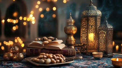 Obraz premium Open book, dates, lanterns, and incense on table.
