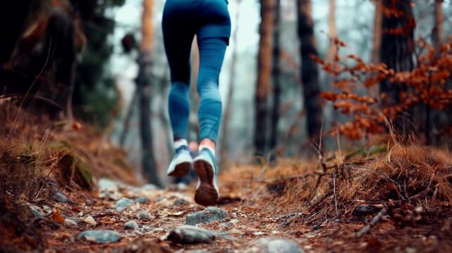 Close-up of running shoes on a path during autumn, with warm sunlight and scattered leaves. Autumn prints and an active outdoor scene. A person runs through a forest with leaves on the floor. The pers