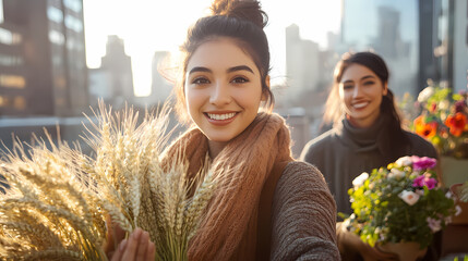 Sunshine & Smiles: Two stylish young women share a bright moment on a city rooftop, adorned with flowers and a touch of nature, radiating happiness. 