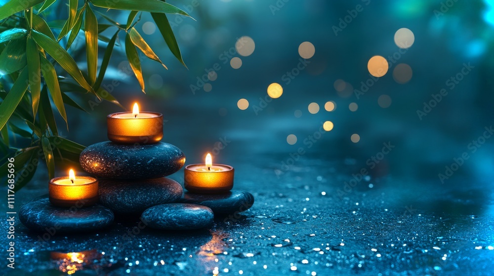 Poster create a calm atmosphere with smooth stones and flickering candles in a spa setting